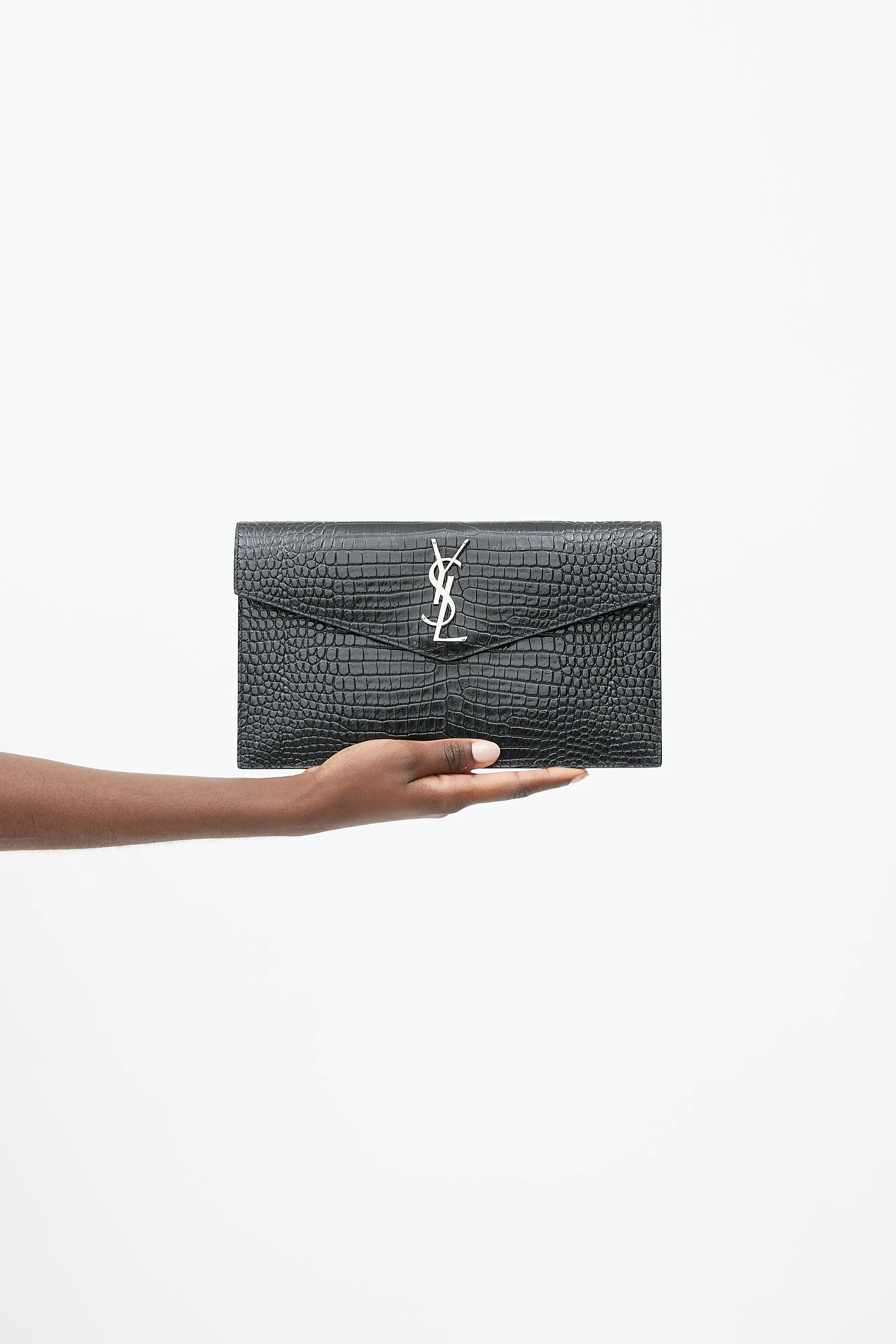 2019 Black & Silver Embossed Leather Uptown Clutch