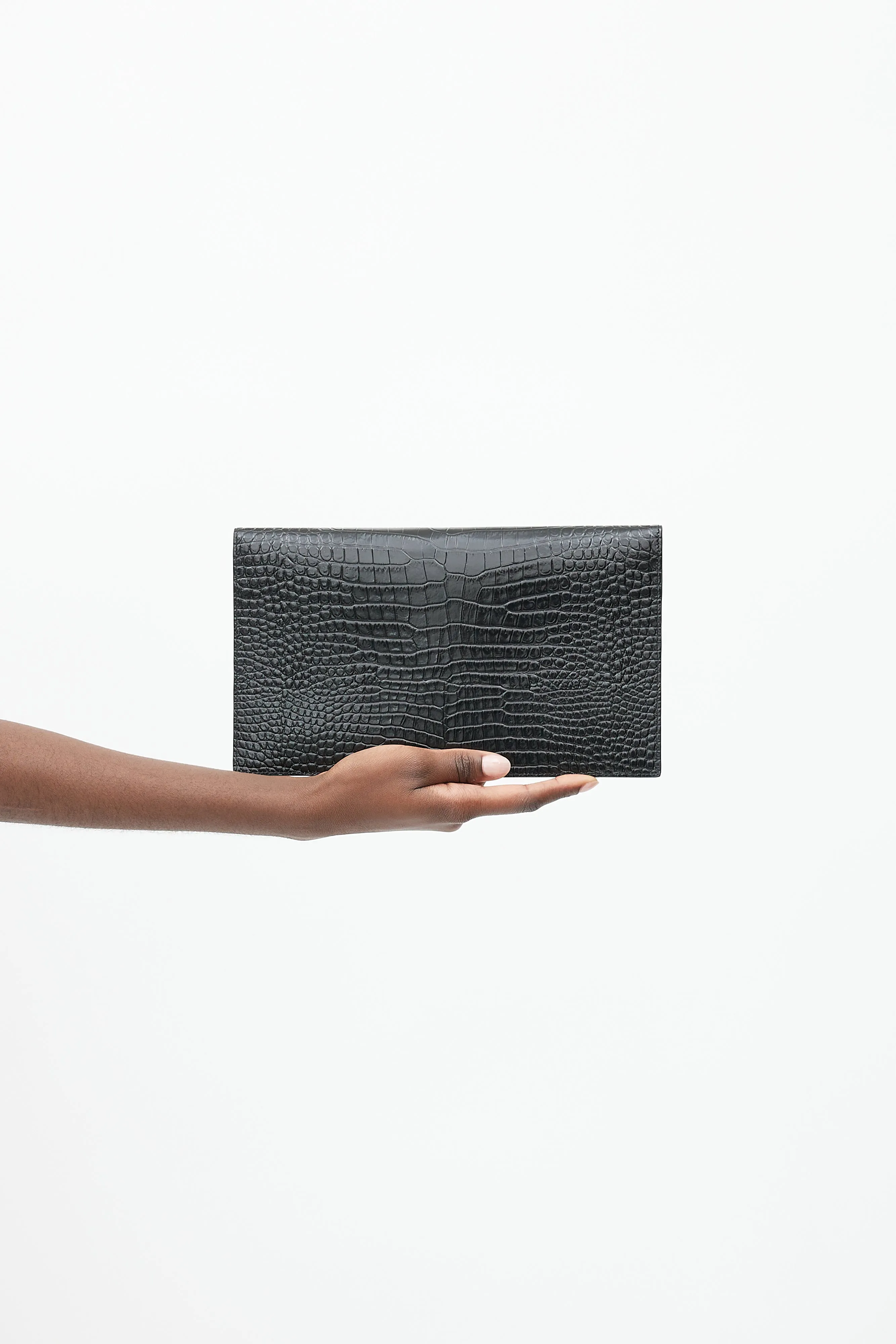 2019 Black & Silver Embossed Leather Uptown Clutch