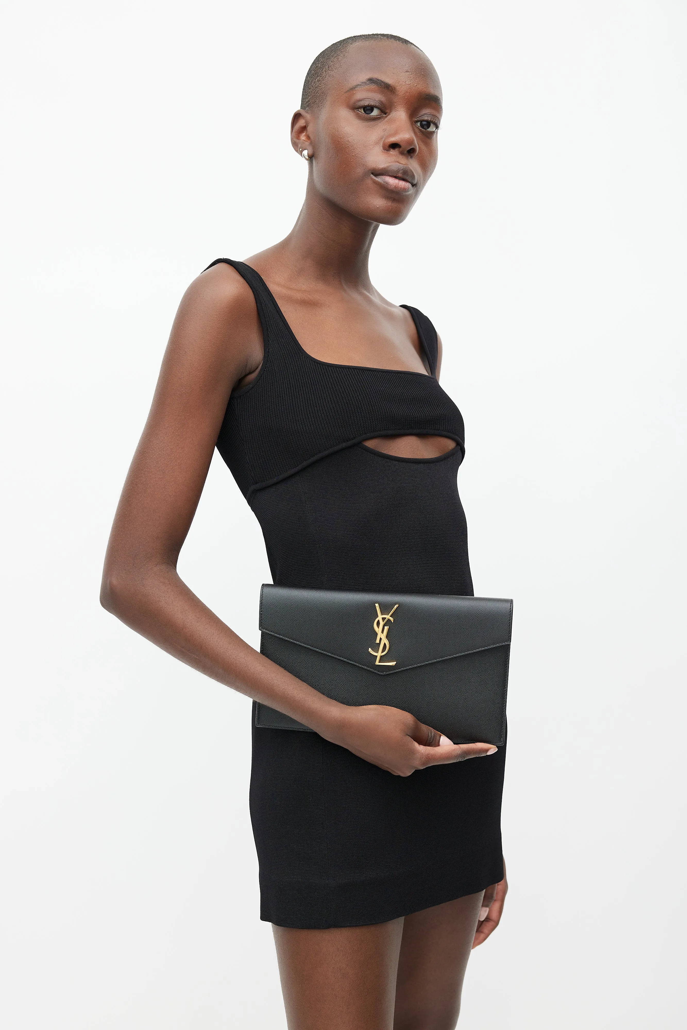 2020 Black & Gold Grained Leather Uptown Clutch