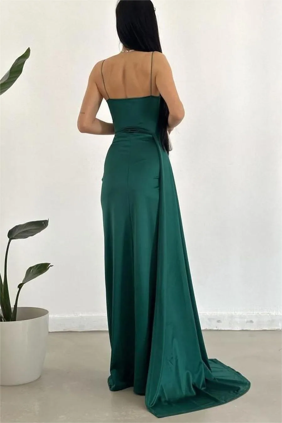 Ballbellas Simple Dusty Sage Spaghetti Strap Sleeveless Pleated Long Evening Dress with Split