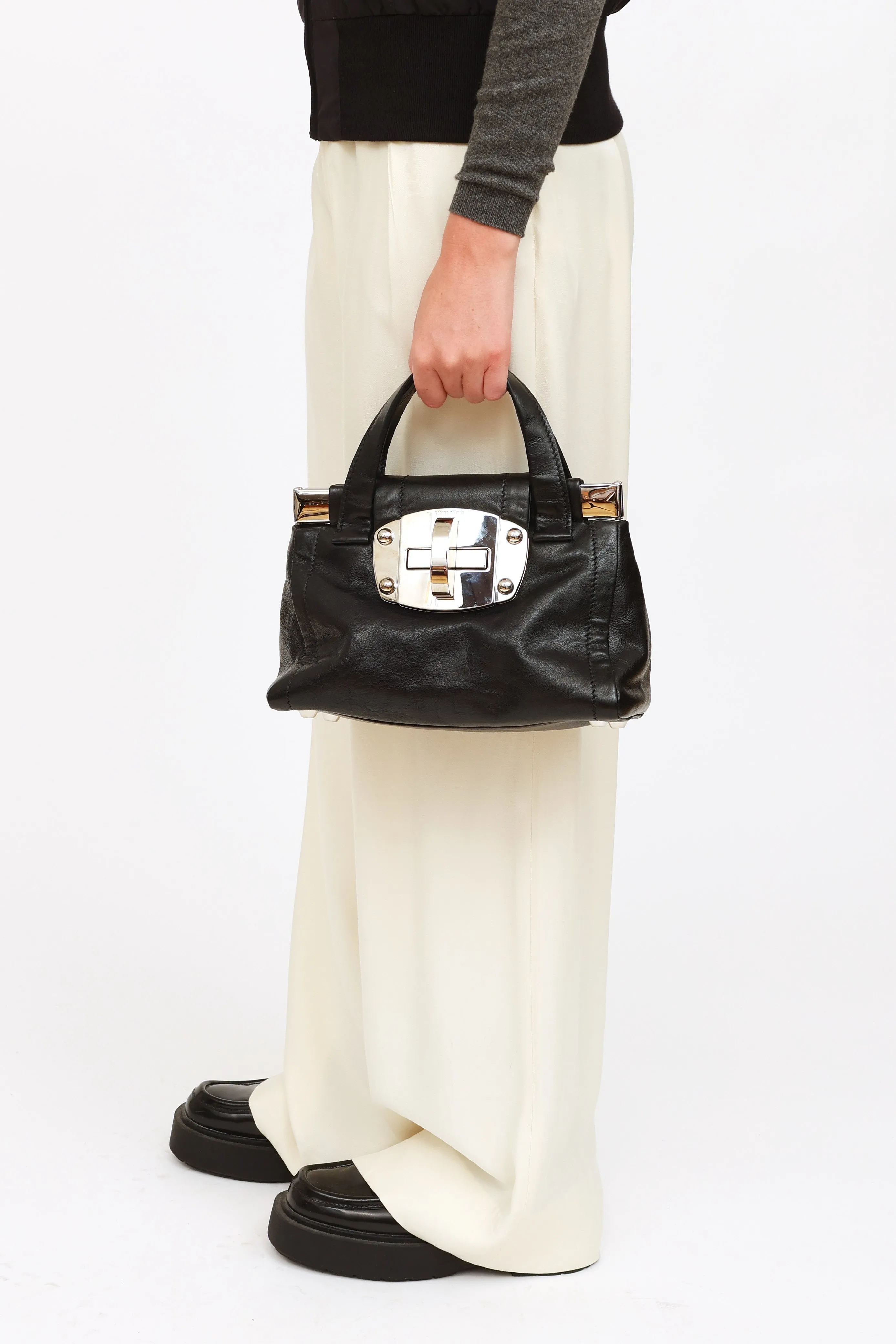 Black Leather Vitella Turnlock Satchel Bag