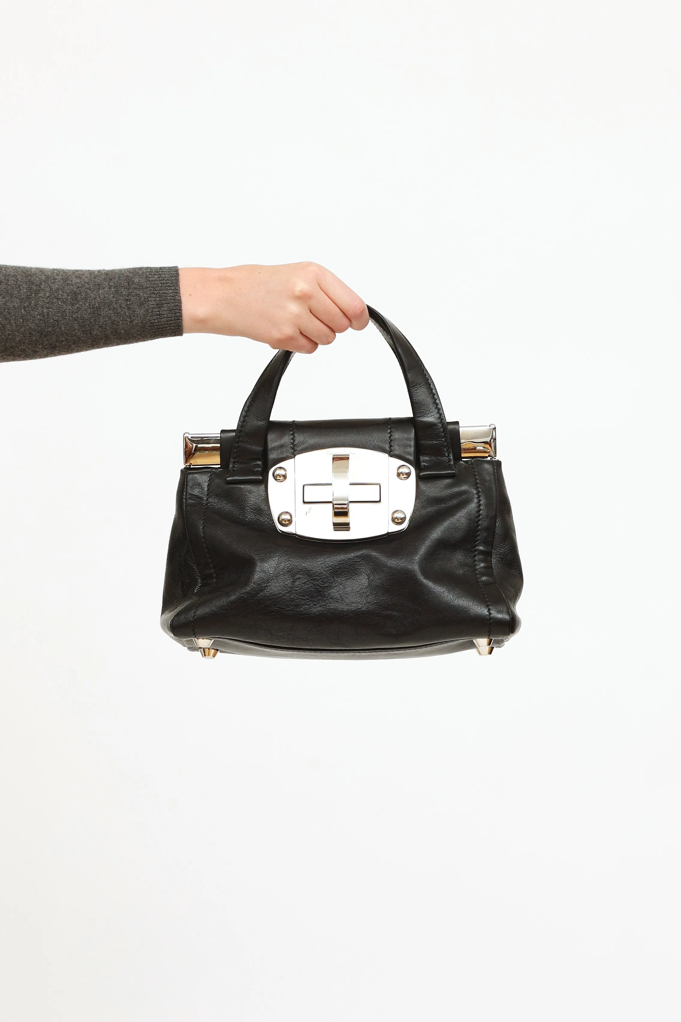 Black Leather Vitella Turnlock Satchel Bag