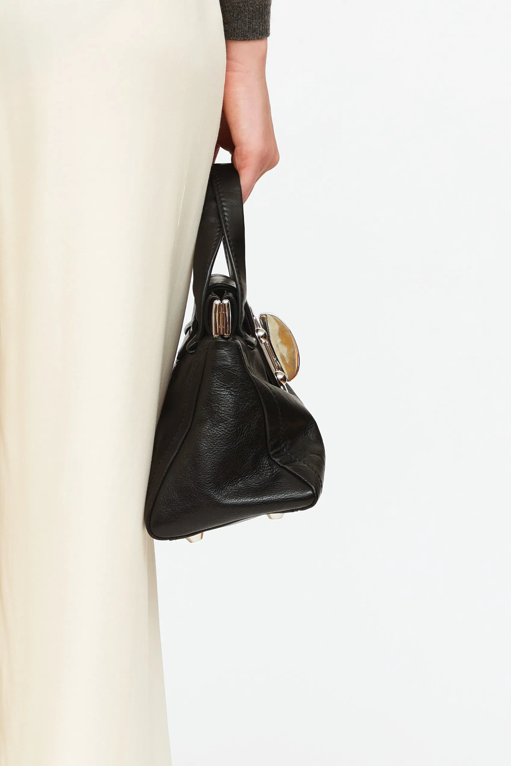 Black Leather Vitella Turnlock Satchel Bag