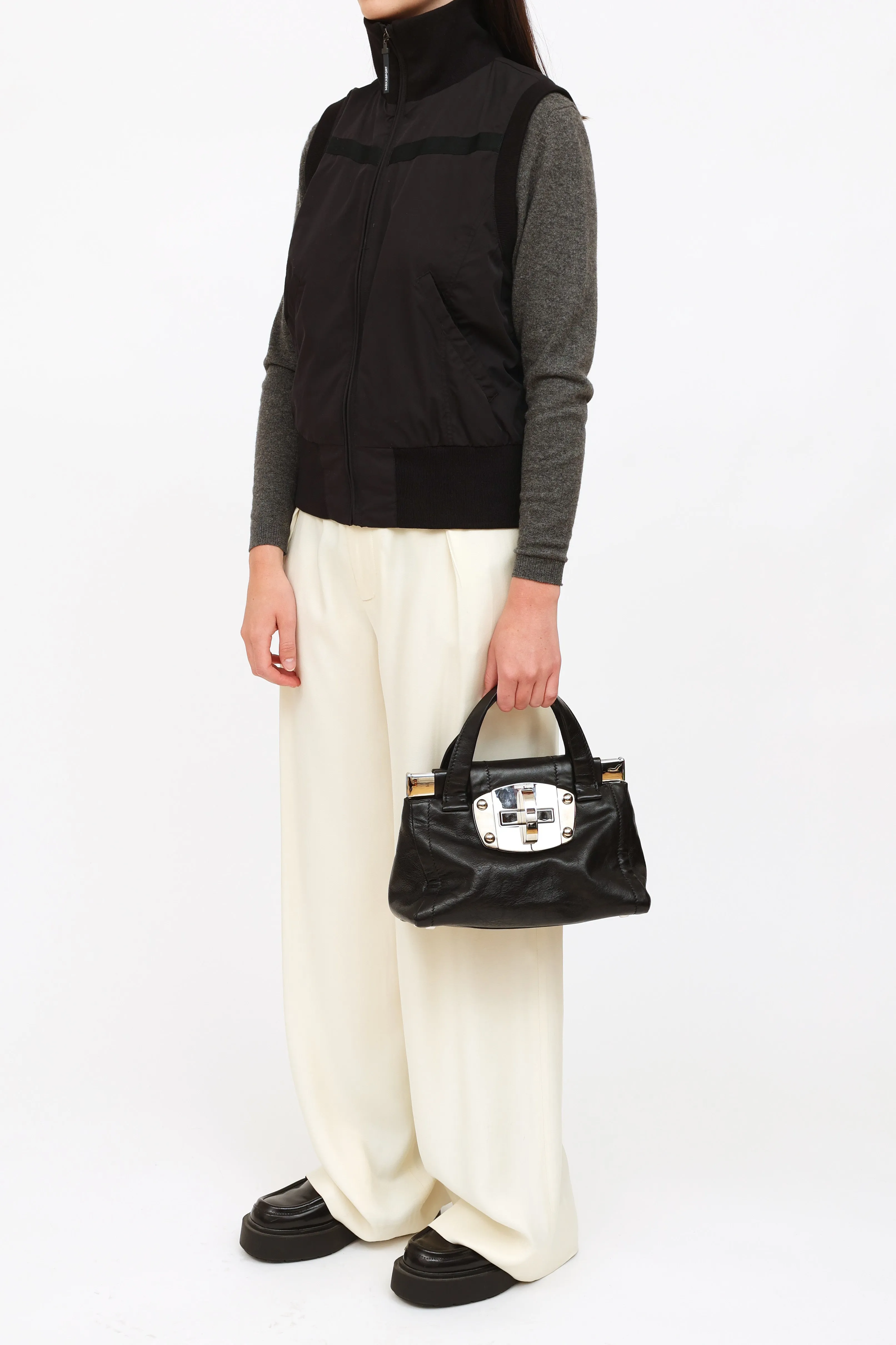 Black Leather Vitella Turnlock Satchel Bag