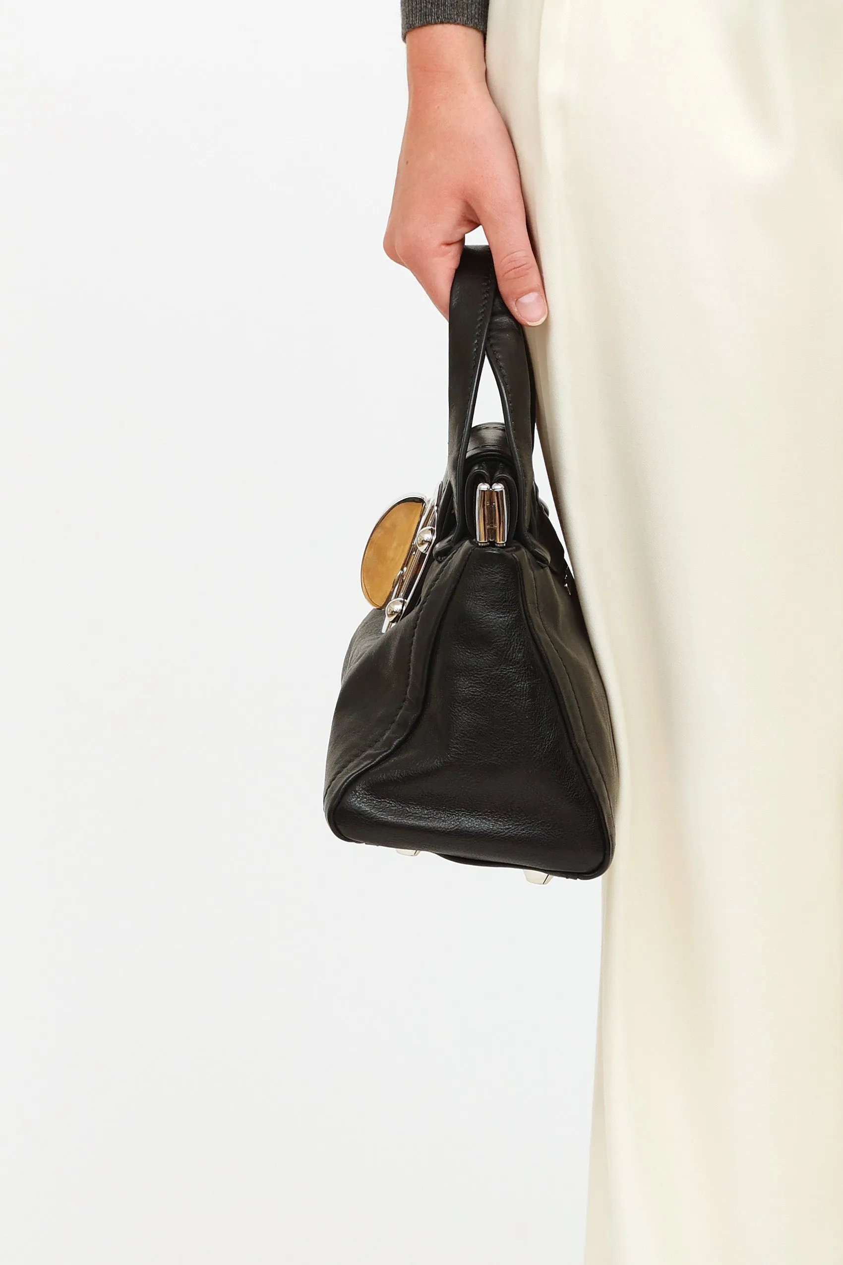 Black Leather Vitella Turnlock Satchel Bag