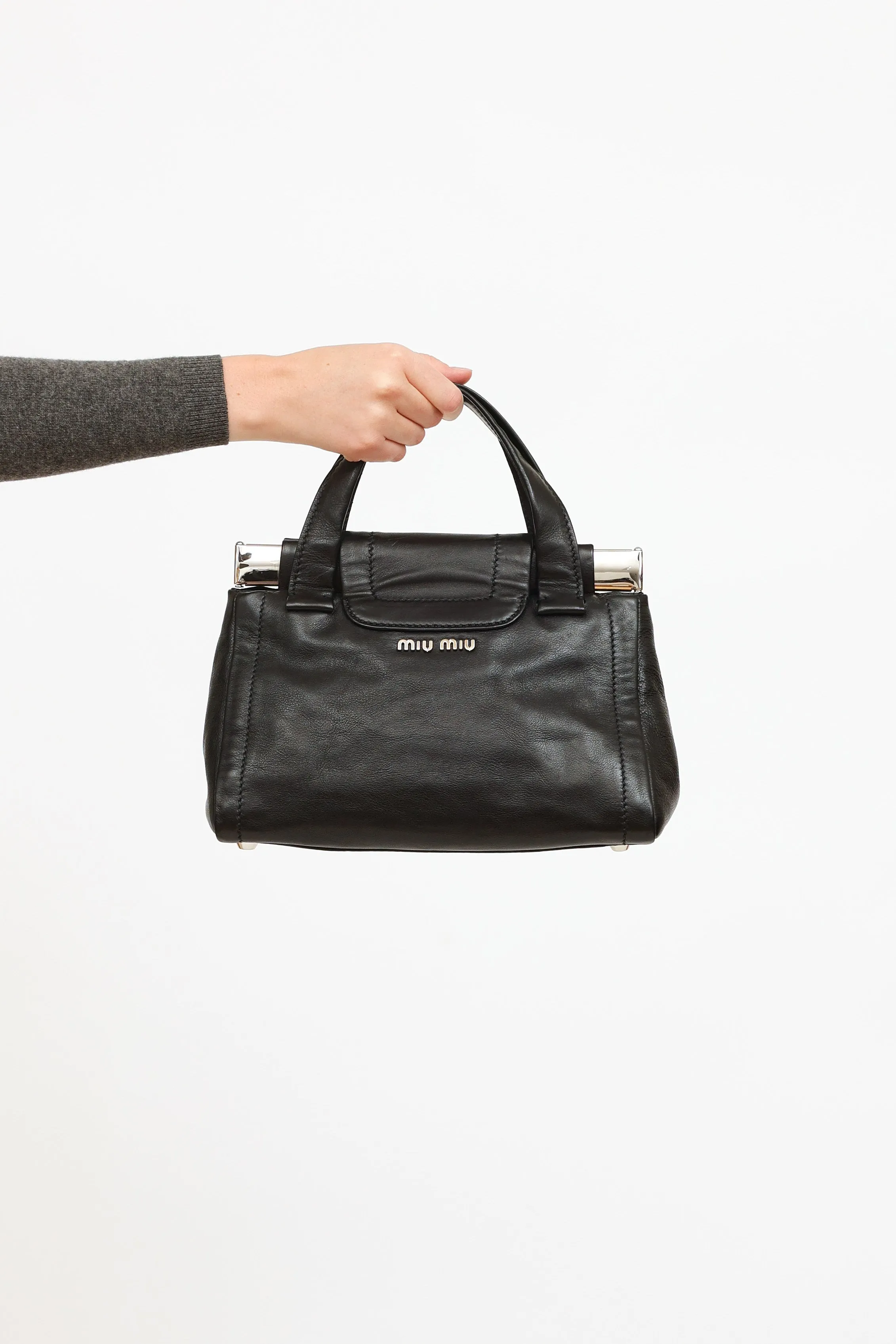 Black Leather Vitella Turnlock Satchel Bag