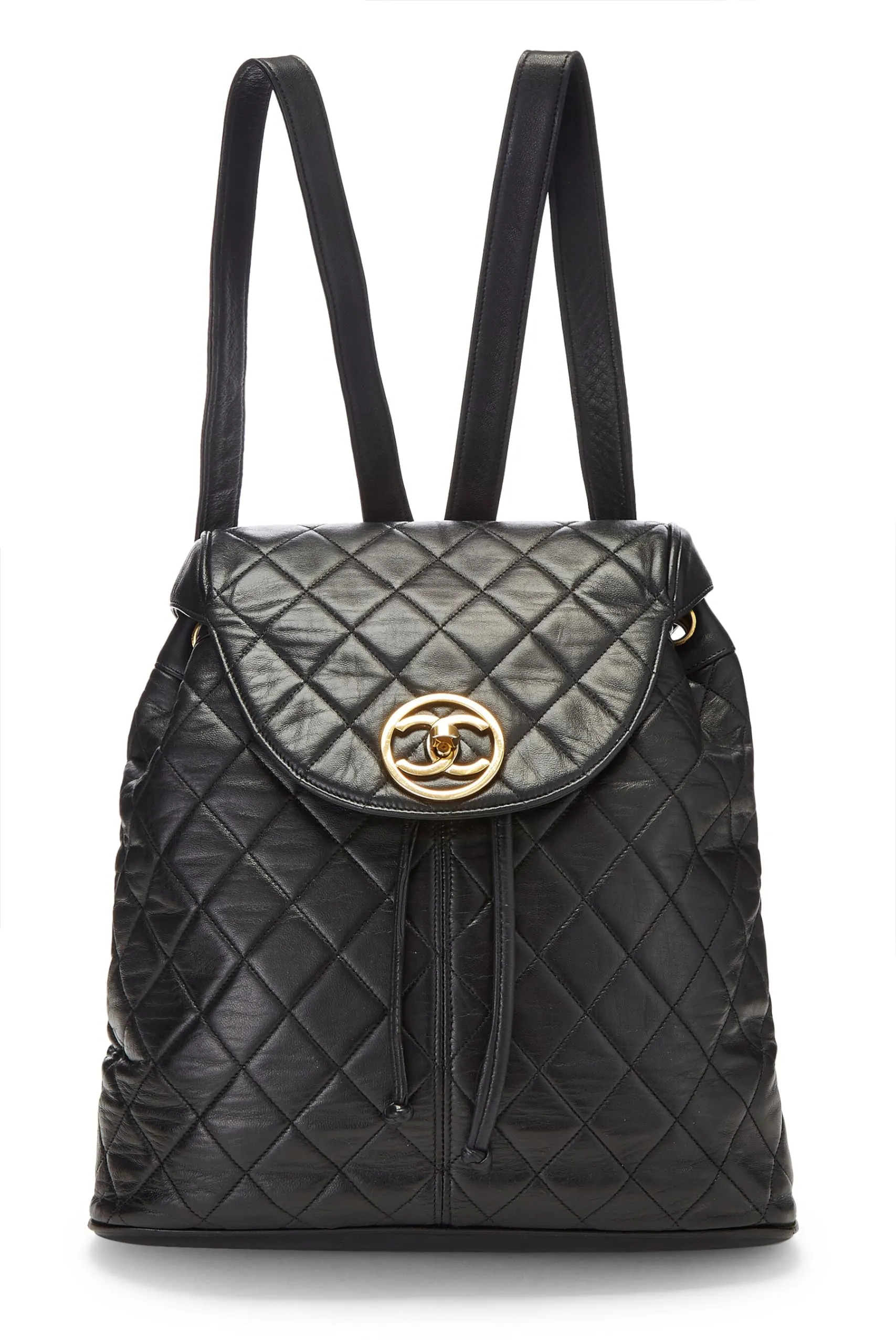 Chanel,  Black Quilted Lambskin Circle Lock Backpack Large, Black