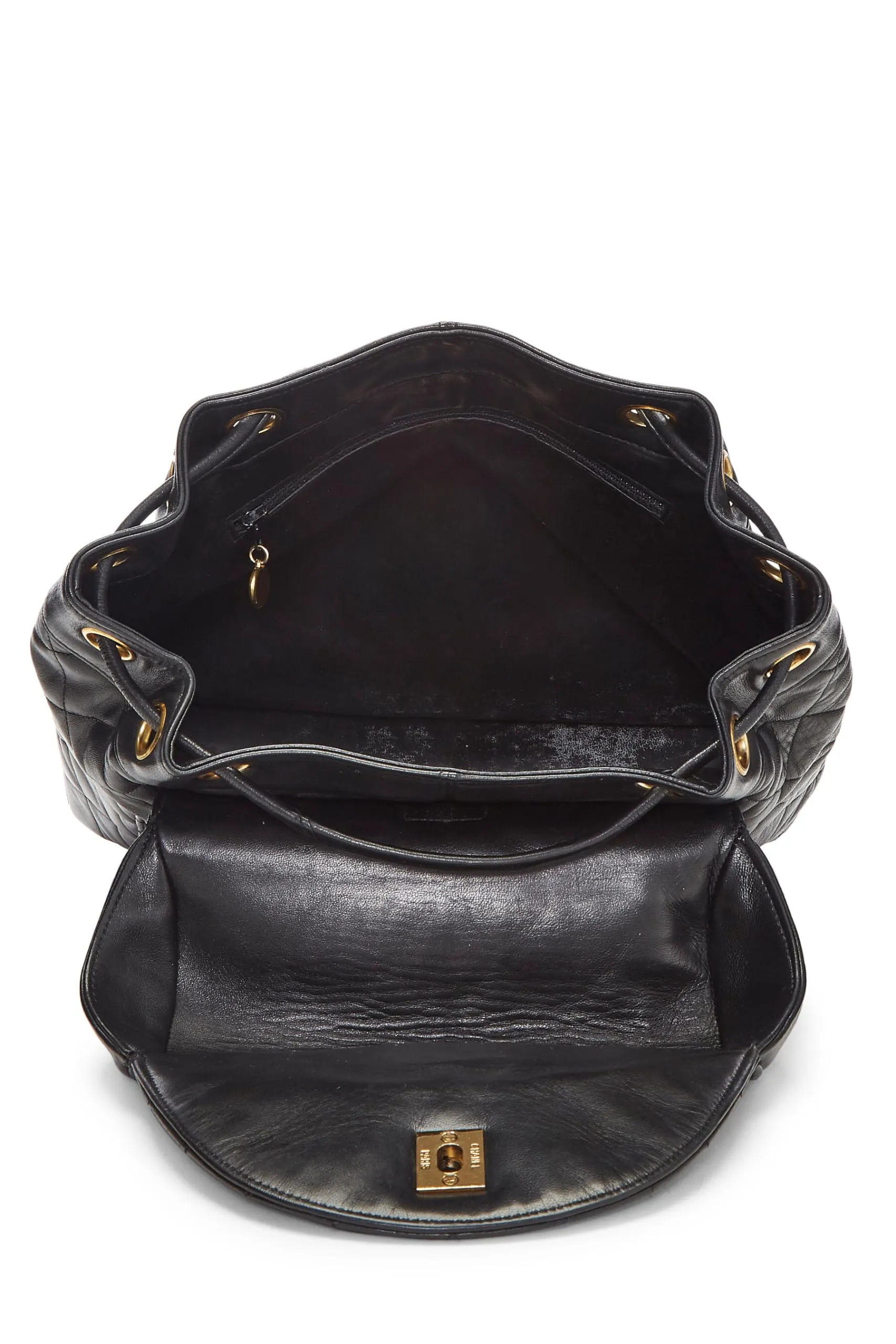 Chanel,  Black Quilted Lambskin Circle Lock Backpack Large, Black