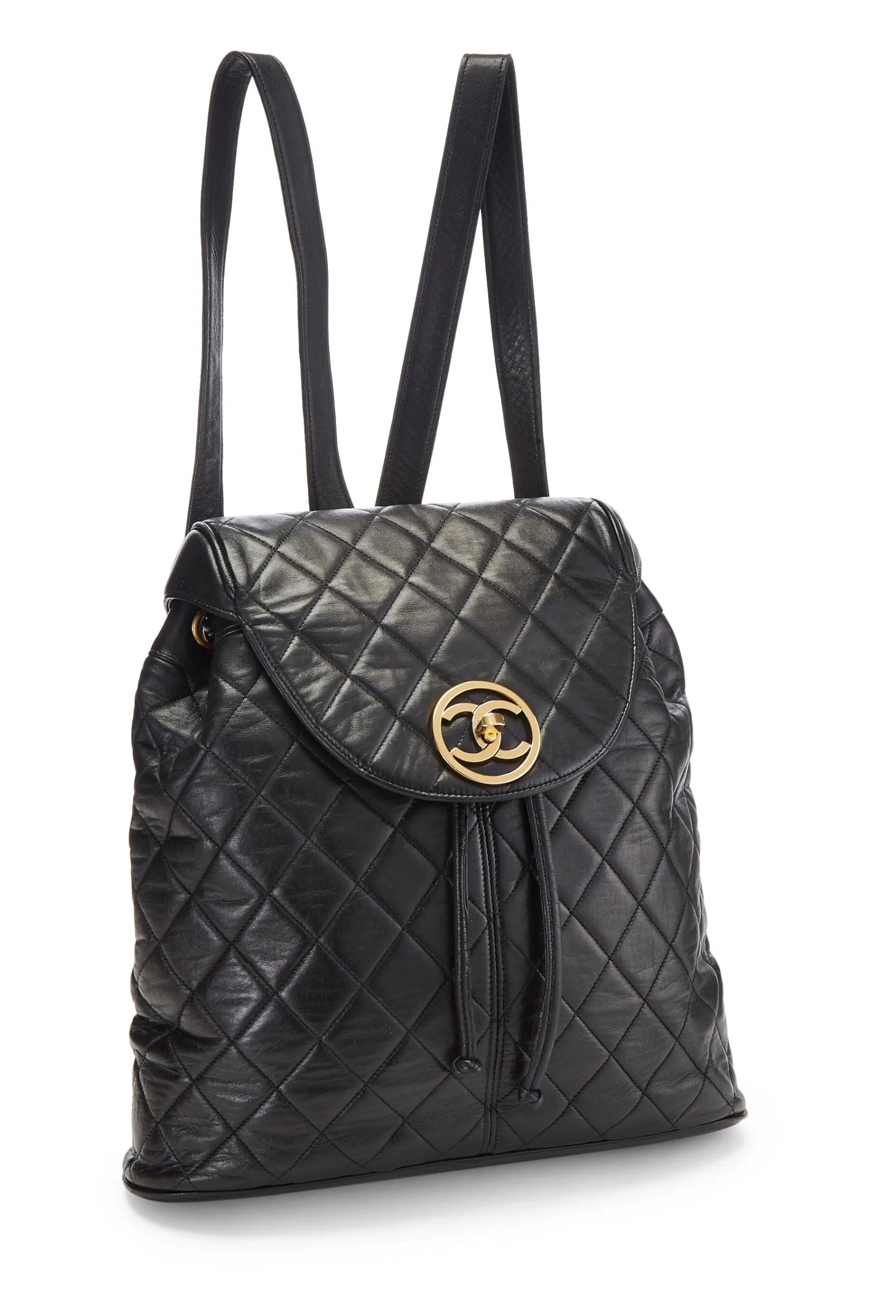 Chanel,  Black Quilted Lambskin Circle Lock Backpack Large, Black