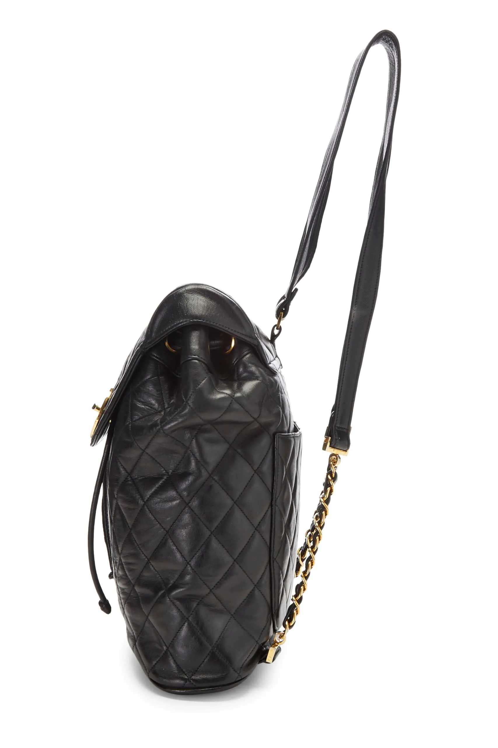 Chanel,  Black Quilted Lambskin Circle Lock Backpack Large, Black