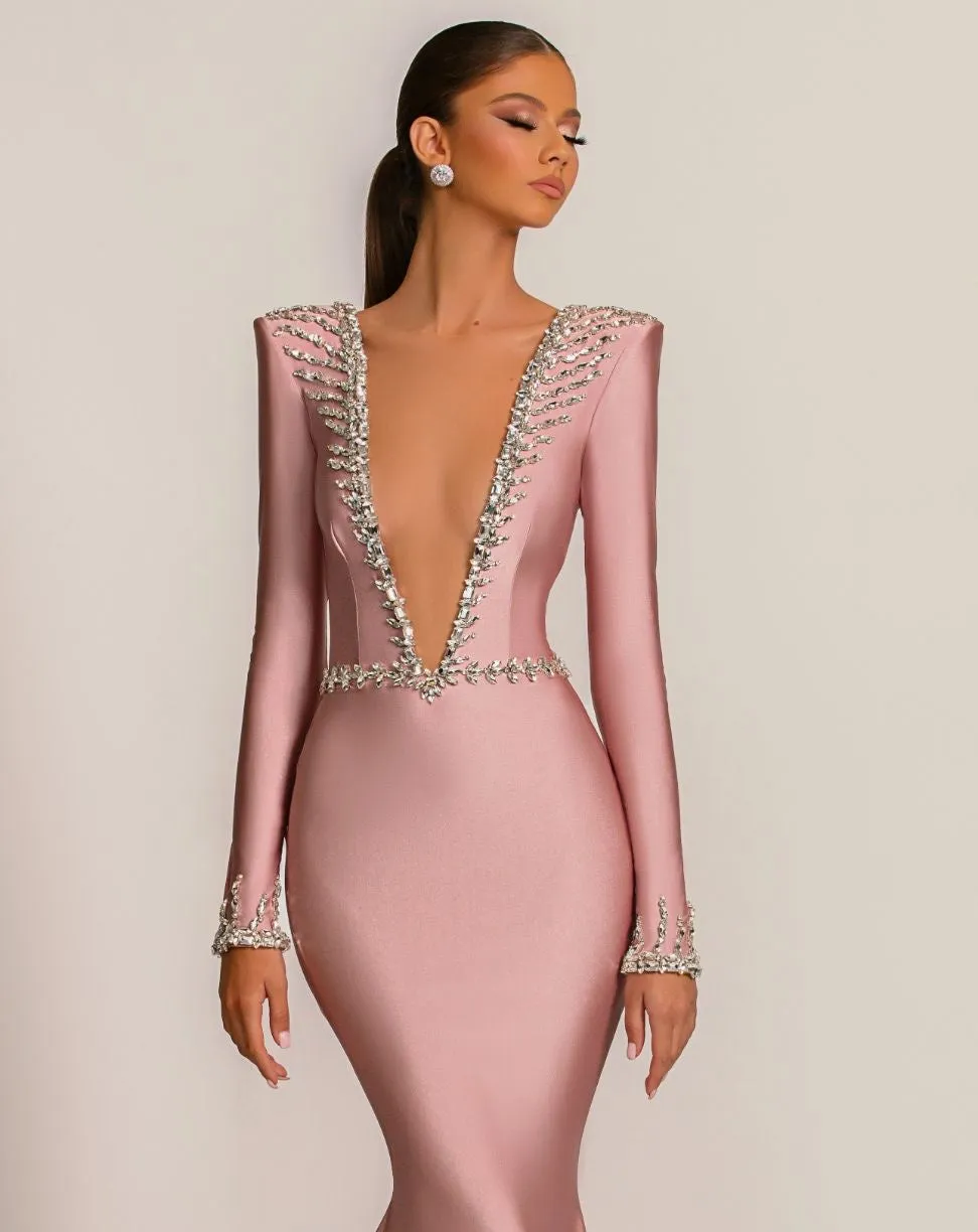 Cleo Beautiful Long Sleeves Pink  Evening Dress