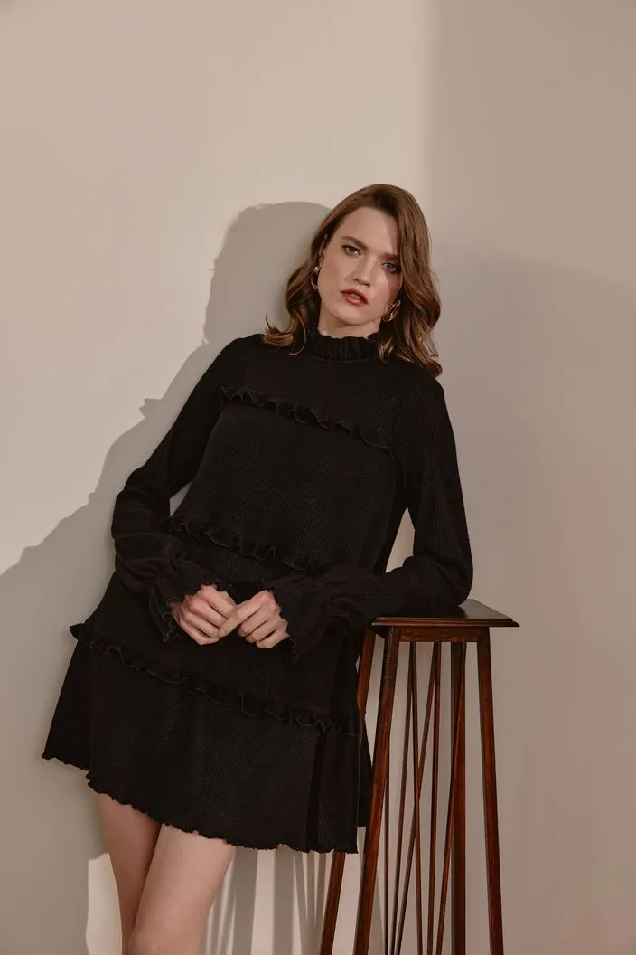Fatima Beautiful High Neck Long Sleeves Black Evening Dress