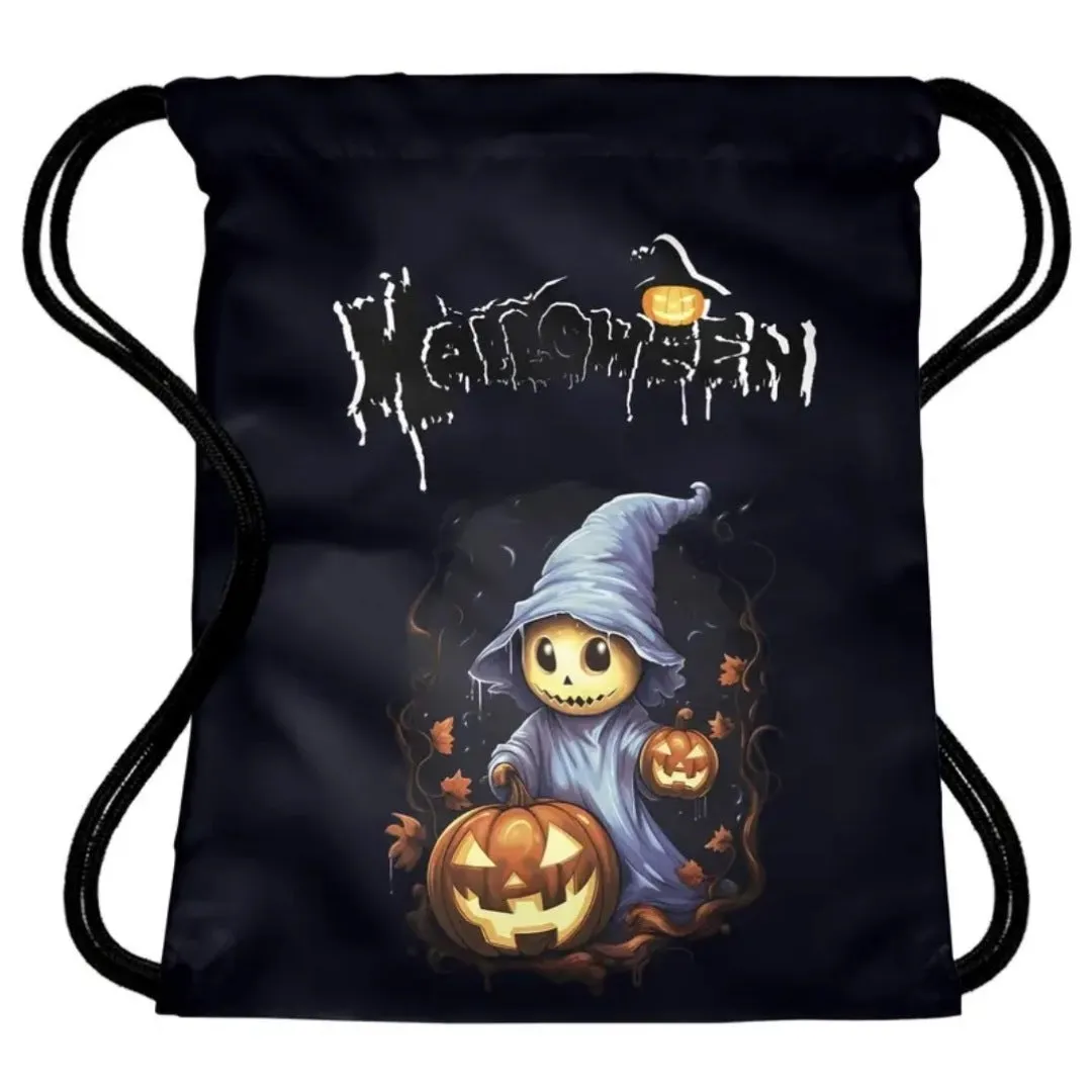 High-Quality Black Drawstring Backpack with Halloween Theme Graphic