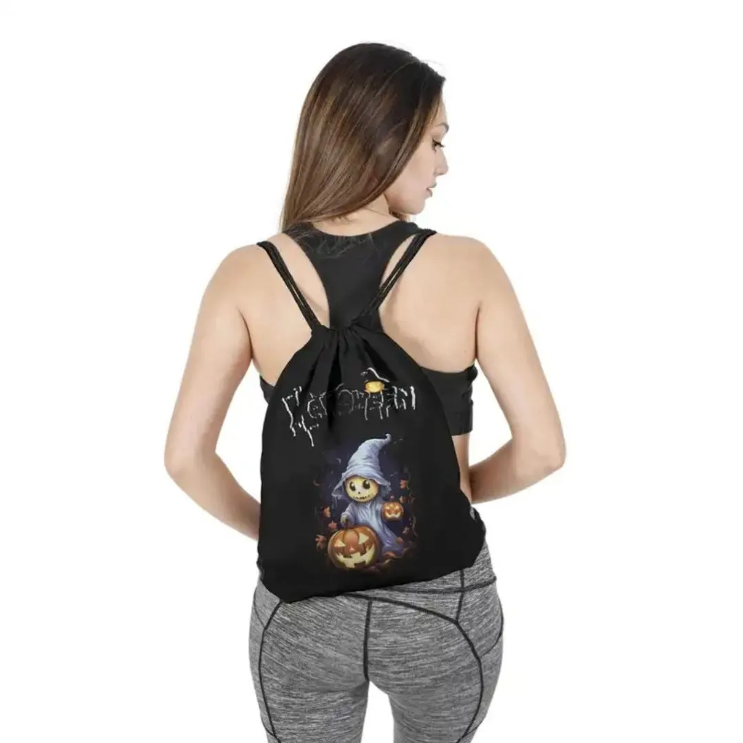 High-Quality Black Drawstring Backpack with Halloween Theme Graphic