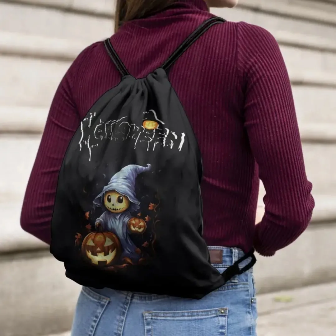 High-Quality Black Drawstring Backpack with Halloween Theme Graphic