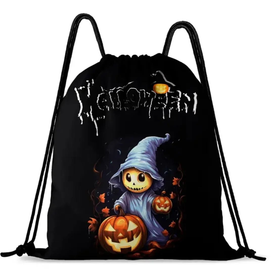 High-Quality Black Drawstring Backpack with Halloween Theme Graphic