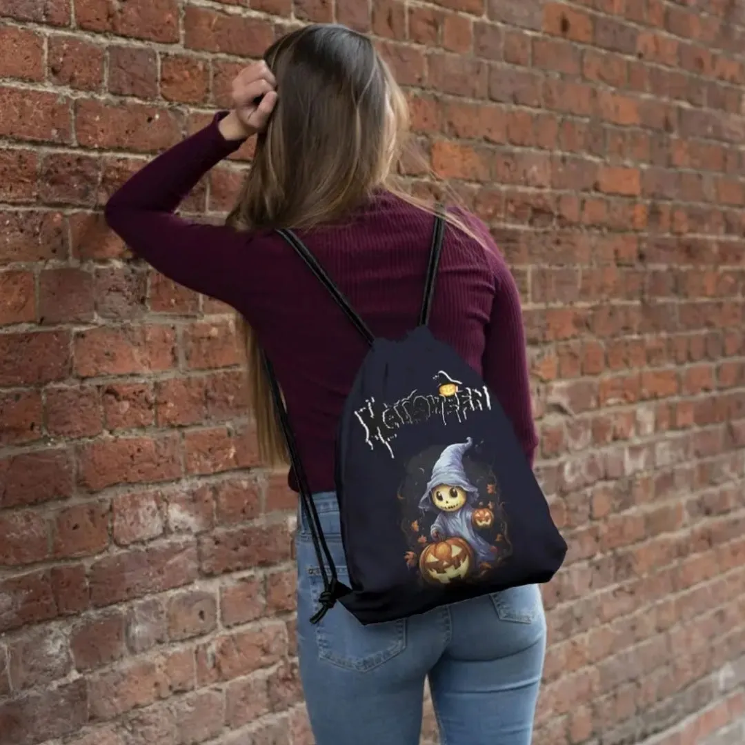 High-Quality Black Drawstring Backpack with Halloween Theme Graphic