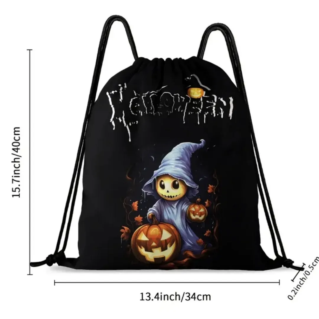 High-Quality Black Drawstring Backpack with Halloween Theme Graphic