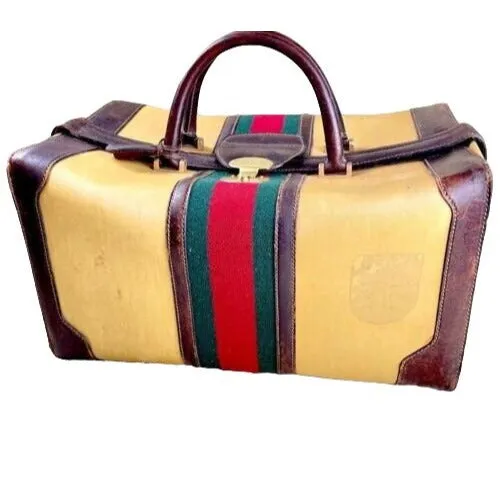 RARE, early Gucci, tan/light yellow coated canvas & brown leather, XXL doctor's satchel/Boston bag/overnight/weekend bag, with a lock & key