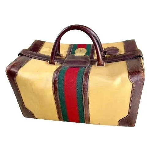 RARE, early Gucci, tan/light yellow coated canvas & brown leather, XXL doctor's satchel/Boston bag/overnight/weekend bag, with a lock & key