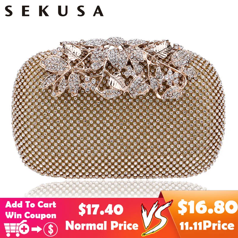 SEKUSA Flower Crystal Evening Bag Clutch Bags Clutches  Wedding Purse Rhinestones Wedding Handbags Silver/Gold/Black Evening Bag
