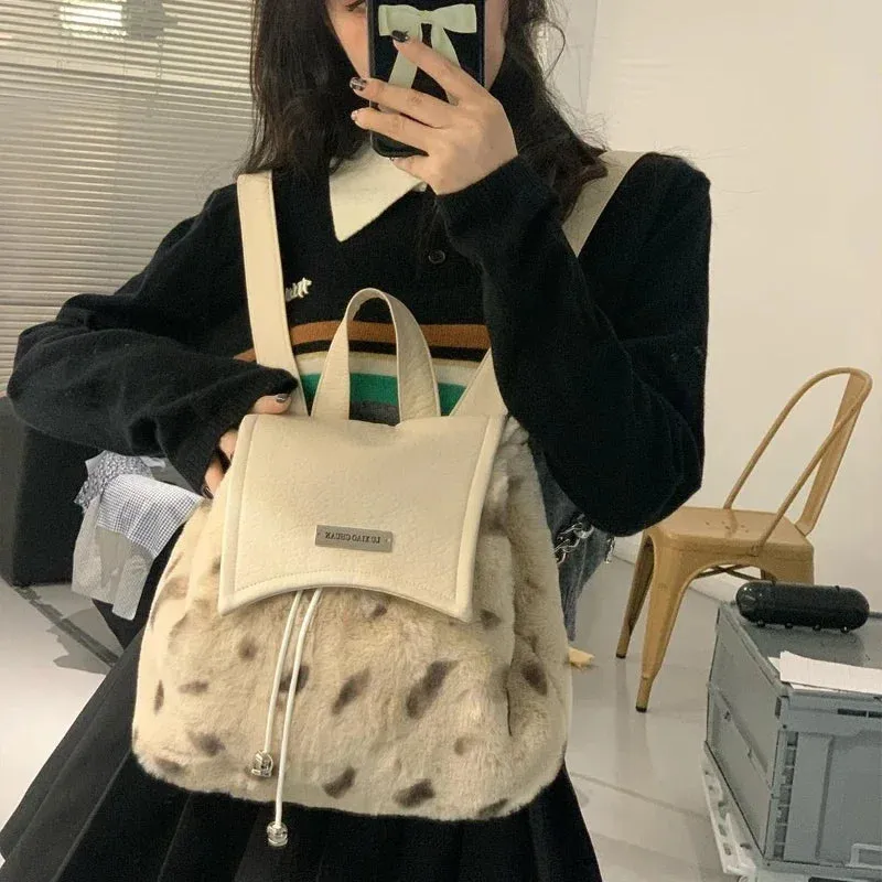 UAKISS  - 2024 Y2k Luxury Design Casual Schoolbags Leopard Patchwork  Fluffy Backpacks Korean Fashion Sweet Backpack for Women Student
