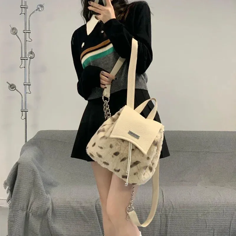 UAKISS  - 2024 Y2k Luxury Design Casual Schoolbags Leopard Patchwork  Fluffy Backpacks Korean Fashion Sweet Backpack for Women Student