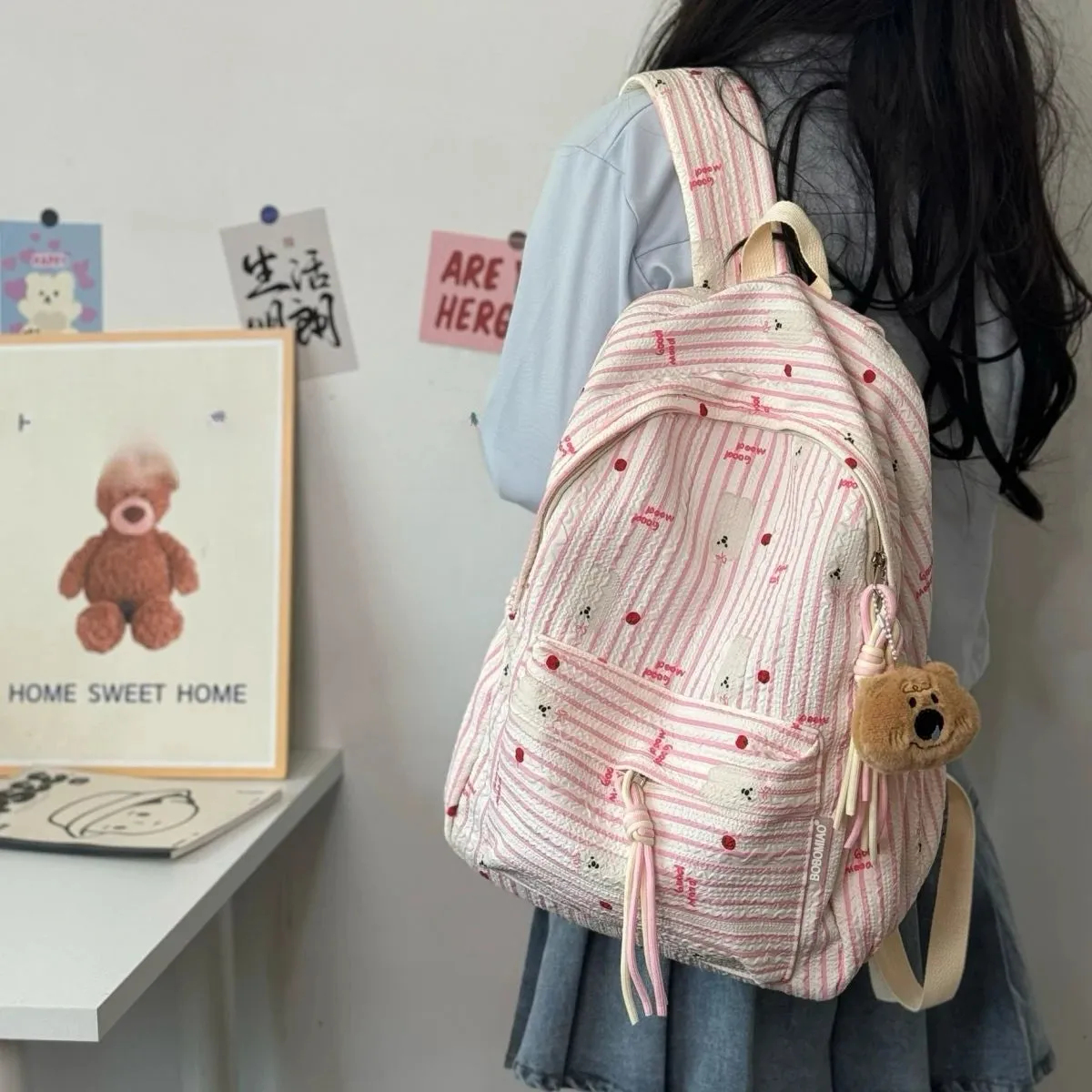 Uakiss Pink Womens Backpack Pleated Fashion Japanese Style Casual Backpacks All-match Harajuku Striped Female Luxury Designer Bag