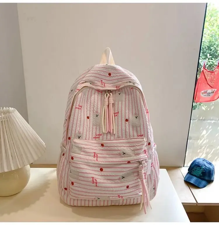 Uakiss Pink Womens Backpack Pleated Fashion Japanese Style Casual Backpacks All-match Harajuku Striped Female Luxury Designer Bag