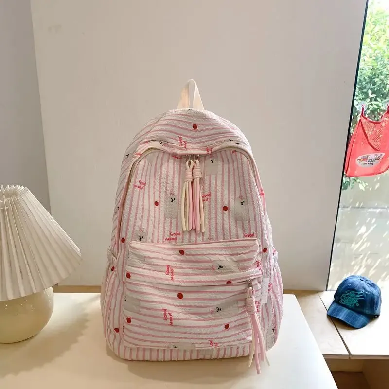 Uakiss Pink Womens Backpack Pleated Fashion Japanese Style Casual Backpacks All-match Harajuku Striped Female Luxury Designer Bag