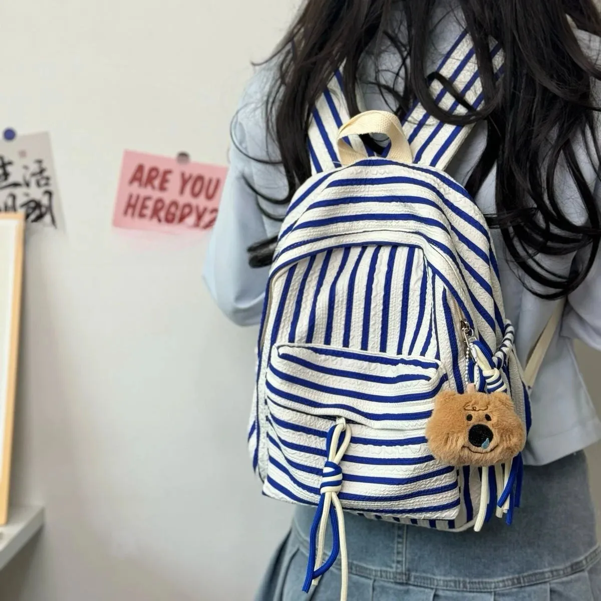 Uakiss Pink Womens Backpack Pleated Fashion Japanese Style Casual Backpacks All-match Harajuku Striped Female Luxury Designer Bag