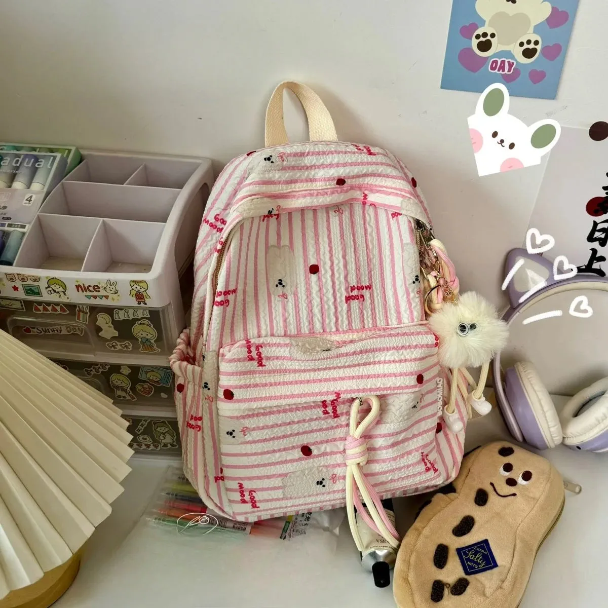 Uakiss Pink Womens Backpack Pleated Fashion Japanese Style Casual Backpacks All-match Harajuku Striped Female Luxury Designer Bag