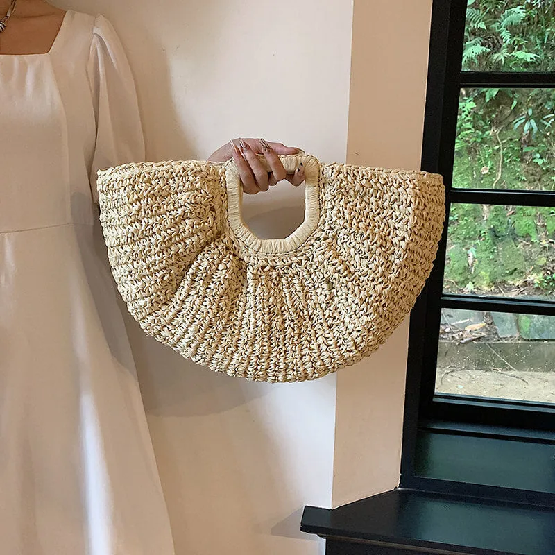Women Half Moon Straw Clutches Bag Purse -Showtown