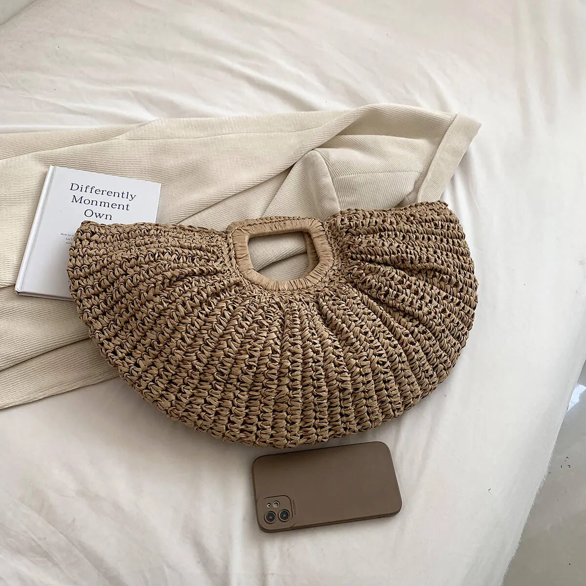 Women Half Moon Straw Clutches Bag Purse -Showtown